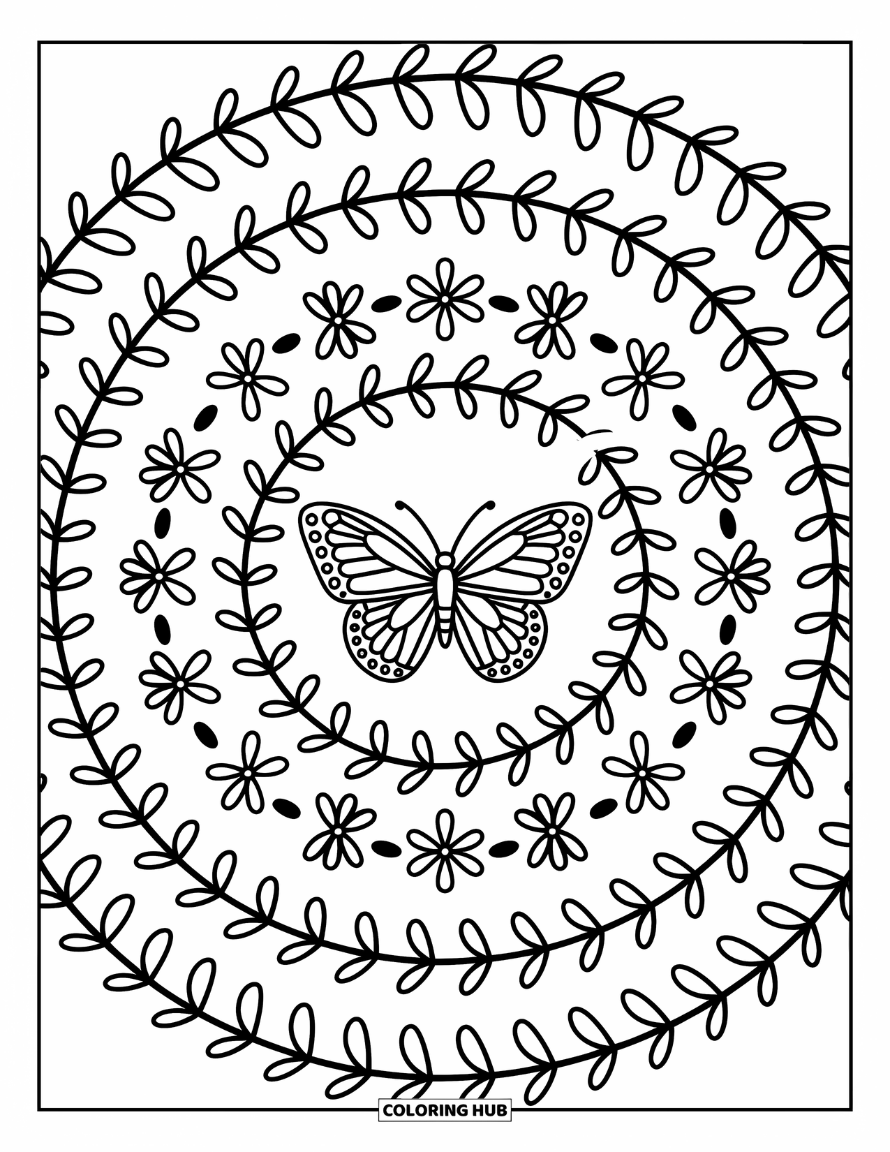 Butterfly Mandala Coloring Page for Adults: A central butterfly shines with stars, leaves, and mini flowers in neat rings