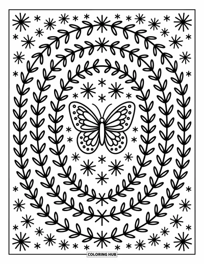 Coloriage de mandala de papillon pour adultes : Mandala circulaire douillet avec un papillon, des lianes et de délicieux détails en étoiles