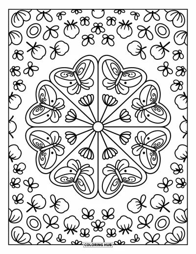 Coloriage de mandala de papillon pour adultes : Un mandala circulaire accueillant avec quatre variétés de papillons et de petits fruits tout autour