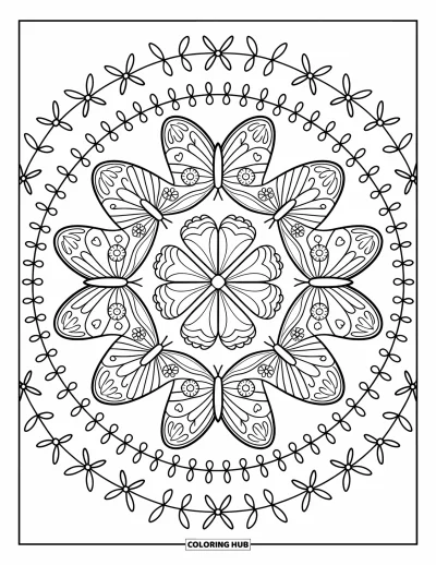 Coloriage de mandala de papillon pour adultes : Charmant mandala de papillons à pois encadré de nœuds et d'anneaux de feuilles