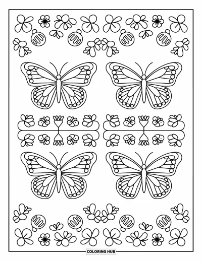 Coloriage de mandala de papillon pour adultes : Des papillons ornent chaque coin d'un mandala fleuri et fruité