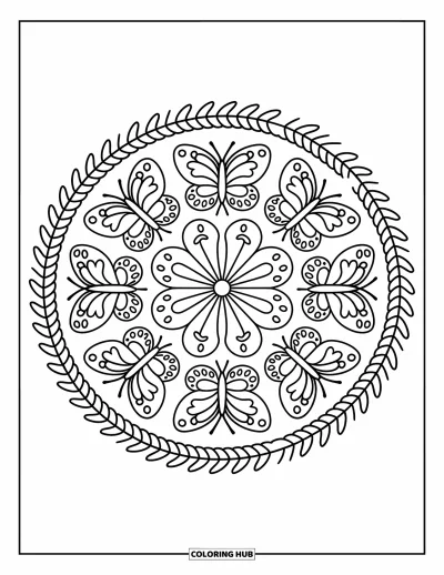 Coloriage de mandala de papillon pour adultes : Des papillons aux ailes de dentelle tournent en cercle, encadrés de feuilles et de rubans
