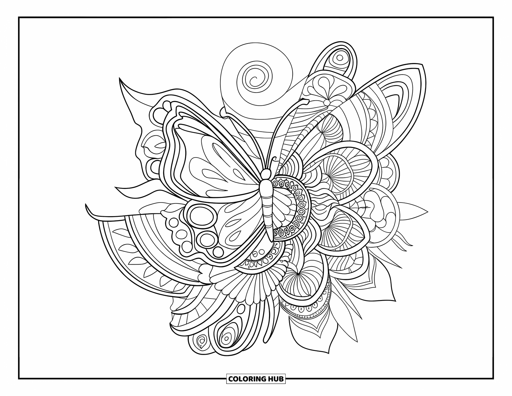 Butterfly Mandala Coloring Page for Adults: Butterfly among spirals, buds, and geometric mandala patterns