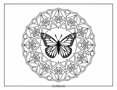 Coloriage de mandala de papillon pour adultes : Papillon au centre d'un mandala garni de motifs flocon de neige et floraux