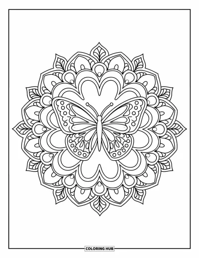 Coloriage de mandala de papillon pour adultes : Papillon au centre d'un mandala avec des couches de paisley et de filigrane feuillu