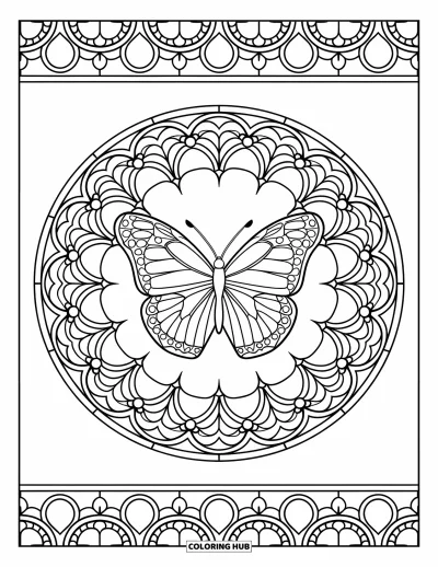 Coloriage de mandala de papillon pour adultes : Papillon central entouré de boucles florales et de lianes dans un motif façon vitrail