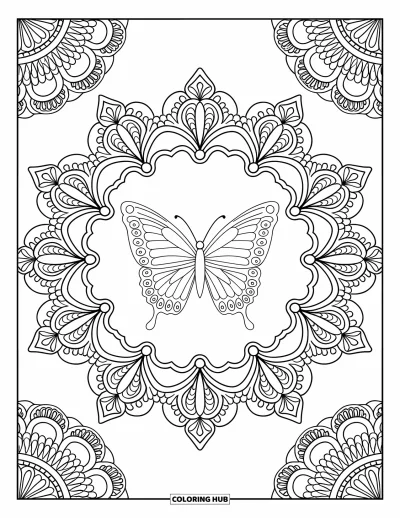 Coloriage de mandala de papillon pour adultes : Papillon central entouré de dentelle baroque et de formes de mandala inspirées des fougères