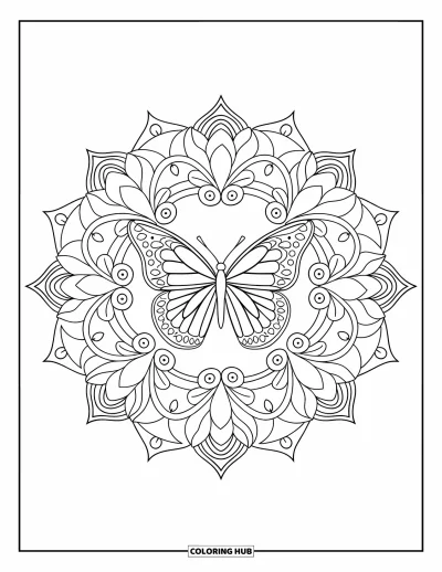 Coloriage de mandala de papillon pour adultes : Papillon au centre d'un mandala de pétales de lotus, de lianes et de spirales ornementales