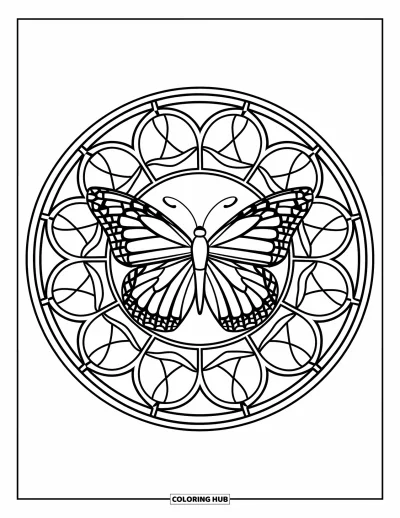 Coloriage de mandala de papillon pour adultes : Papillon au centre d'un mandala inspiré d'une rosace avec une symétrie en forme de pétales