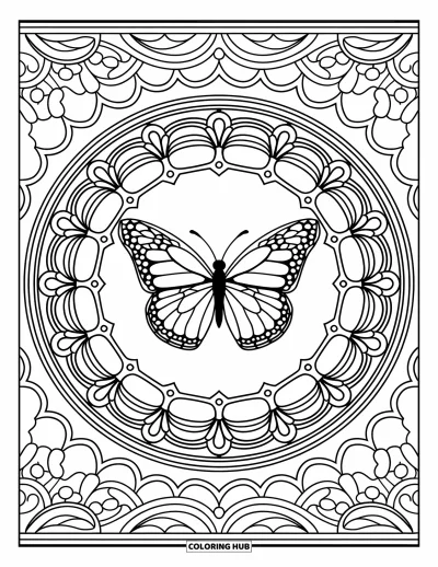 Coloriage de mandala de papillon pour adultes : Papillon au centre d'un mandala façon vitrail avec des boucles florales et de lianes