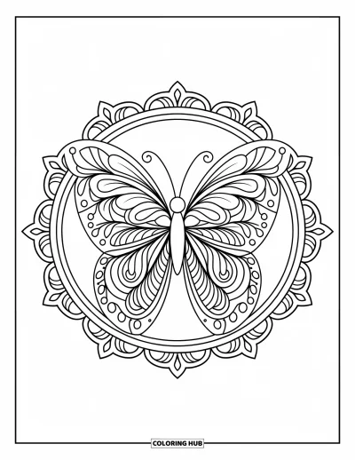 Coloriage de mandala de papillon pour adultes : Papillon formé de couches de feuilles, de pétales et de tourbillons dans une bordure décorative