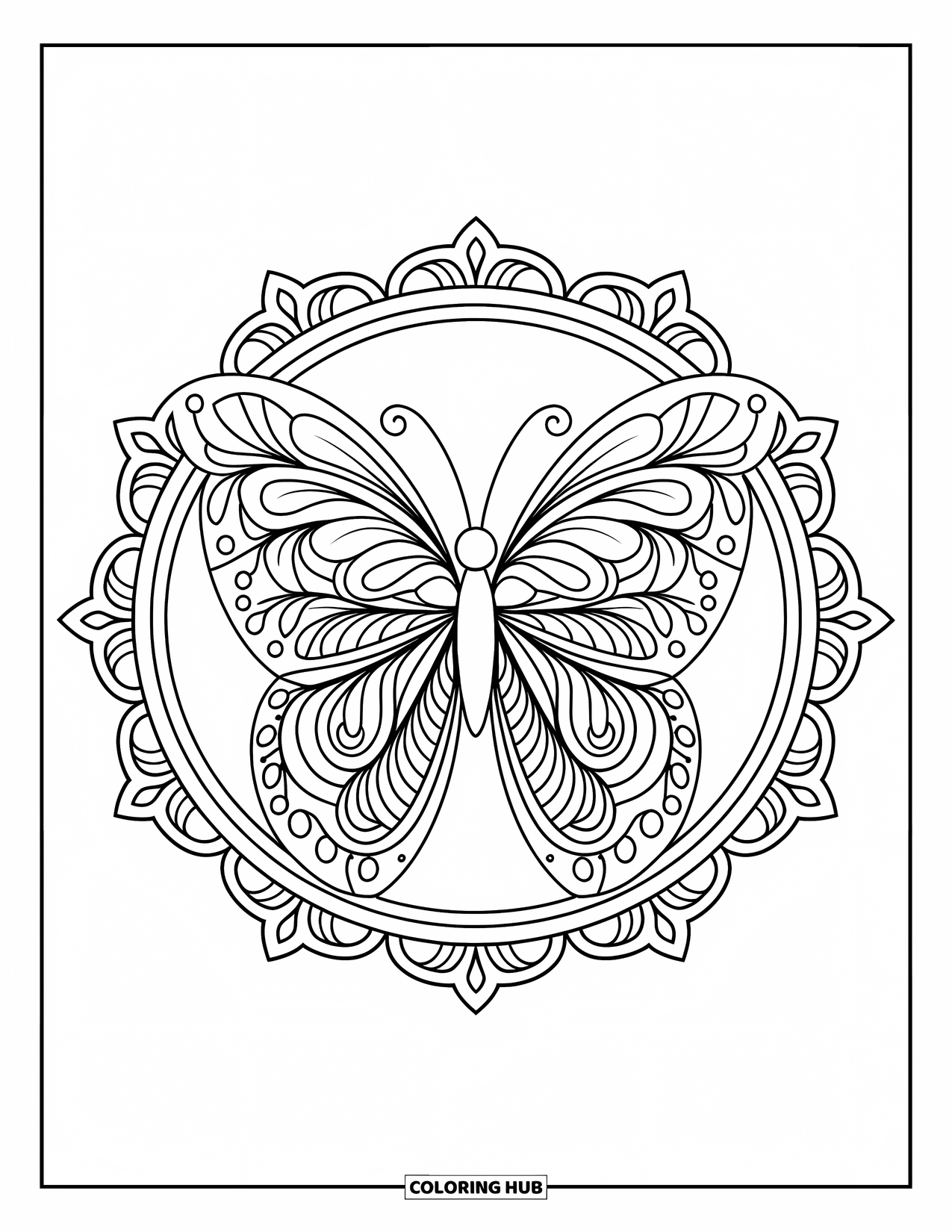 Butterfly Mandala Coloring Page for Adults: Butterfly formed from layers of leaves, petals, and swirls inside a decorative border