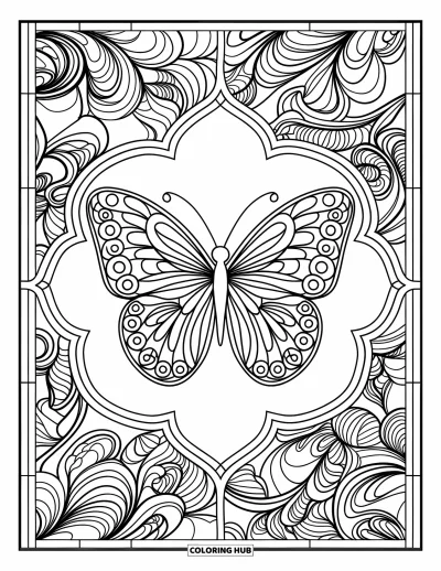 Coloriage de mandala de papillon pour adultes : Papillon encadré dans une composition façon vitrail avec des motifs botaniques tourbillonnants