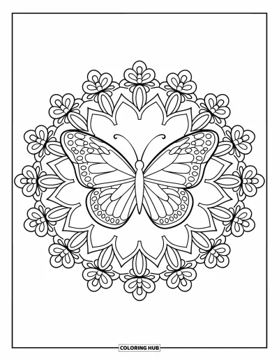Coloriage de mandala de papillon pour adultes : Papillon encadré de dentelle florale rayonnante avec des formes d'ailes symétriques