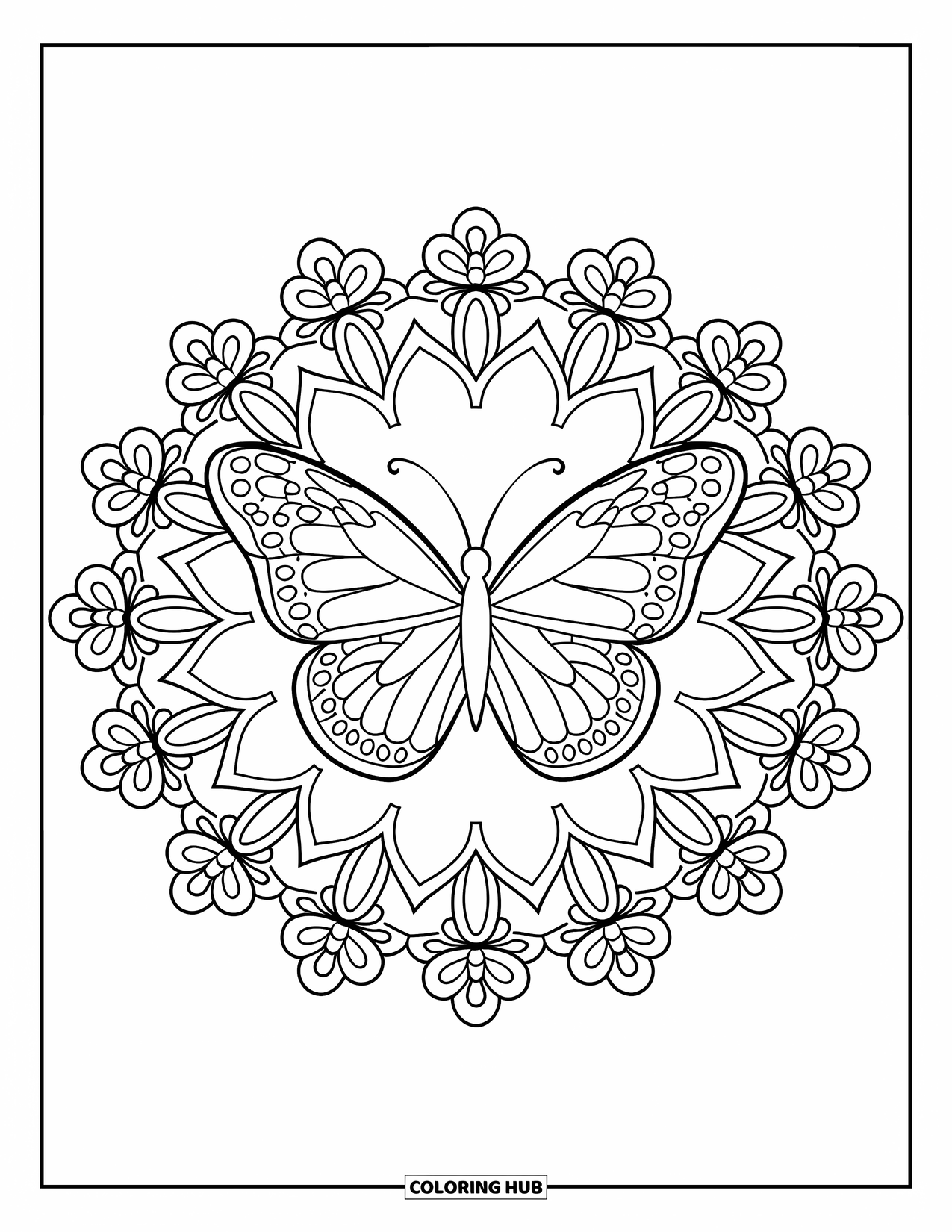 Butterfly Mandala Coloring Page for Adults: Butterfly framed by radiating floral lace with symmetrical wing shapes