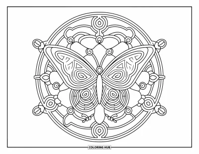 Coloriage de mandala de papillon pour adultes : Papillon dans un mandala de spirales, de bourgeons et de formes géométriques superposées