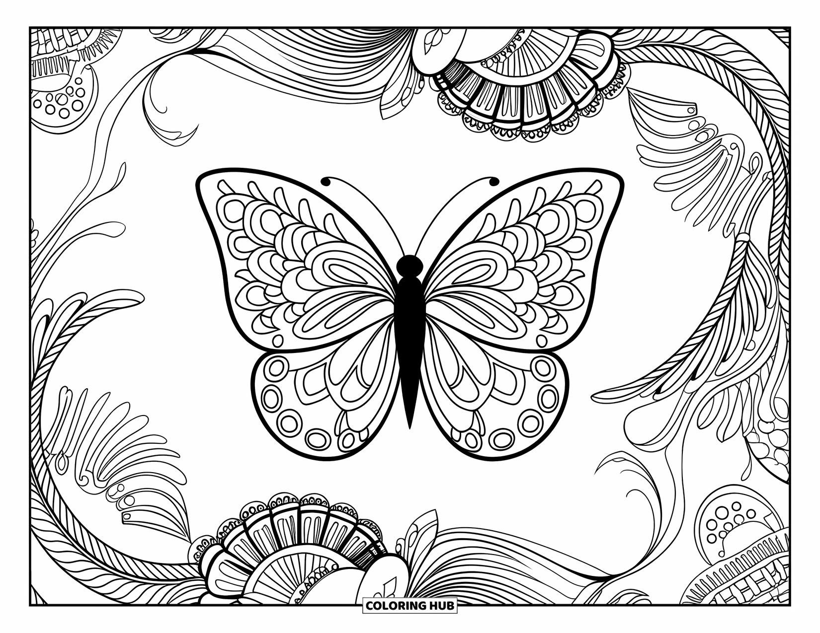 Butterfly Mandala Coloring Page for Adults: Butterfly in a mandala of swirling vines, feathers, and ornamental fan shapes
