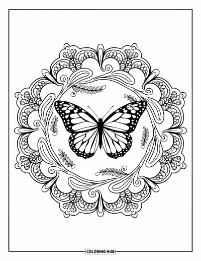 Coloriage de mandala de papillon pour adultes : Papillon dans un mandala entouré de filigrane en dentelle et de tourbillons style fougère