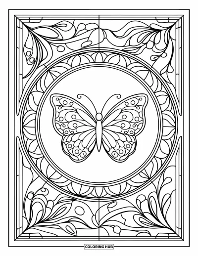 Coloriage de mandala de papillon pour adultes : Papillon au centre d'un mandala aux panneaux botaniques façon vitrail