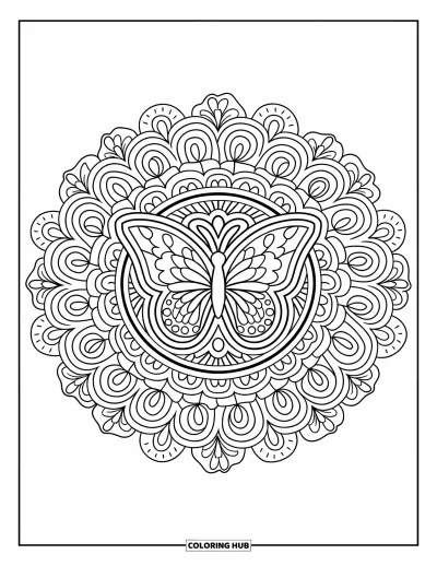 Coloriage de mandala de papillon pour adultes : Papillon au centre d'un mandala zen avec des anneaux floraux