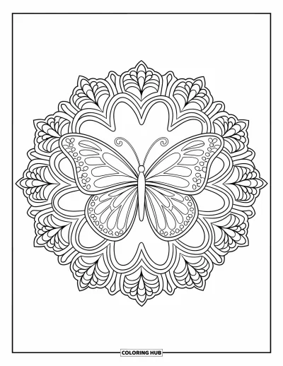 Coloriage de mandala de papillon pour adultes : Papillon au centre d'une dentelle florale avec des détails d'ailes équilibrés