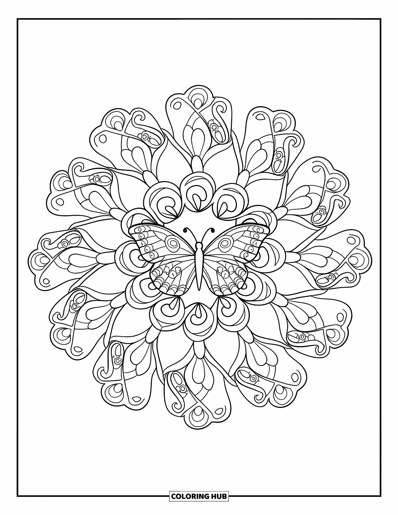 Butterfly Mandala Coloring Page for Adults: Butterfly in the middle of a full-page mandala with petals, vines, and spirals