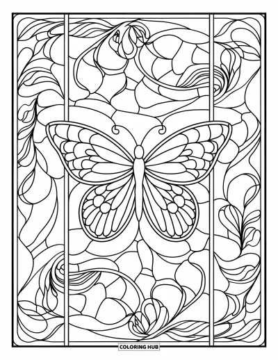 Coloriage de mandala de papillon pour adultes : Papillon dans un panneau façon vitrail avec des motifs botaniques tourbillonnants dans chaque section