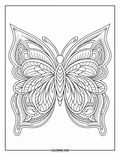 Coloriage de mandala de papillon pour adultes : Papillon composé de feuilles superposées, de pétales et de tourbillons dans un design de mandala décoratif