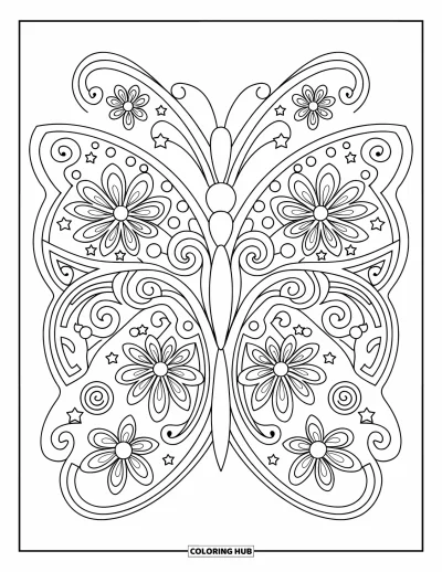 Coloriage de mandala de papillon pour adultes : Mandala de papillon rempli de fleurs, de boucles et d'étoiles dans un style propre et audacieux