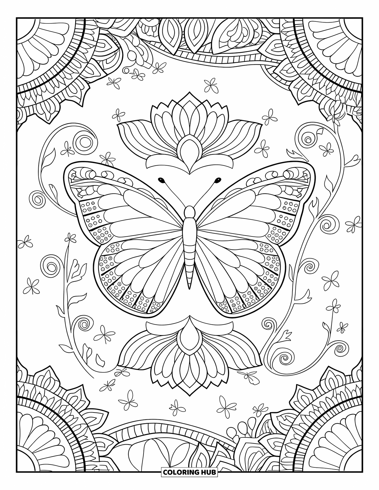 Butterfly Mandala Coloring Page for Adults: Butterfly mandala filled with lotus petals, geometric vines, and spiral details
