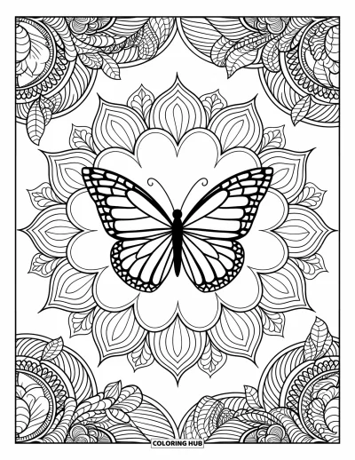 Coloriage de mandala de papillon pour adultes : Mandala de papillon encadré de couches de paisley et de motifs feuillus avec des bordures décoratives