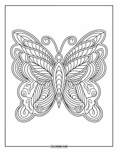 Coloriage de mandala de papillon pour adultes : Mandala de papillon composé de pétales, de feuilles et de tourbillons superposés dans un design élaboré