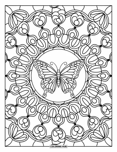 Coloriage de mandala de papillon pour adultes : Mandala de papillon entouré de boucles florales dans un design inspiré des vitraux