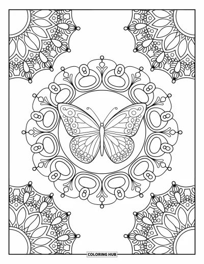 Coloriage de mandala de papillon pour adultes : Mandala de papillon entouré de motifs baroques complexes avec de la dentelle et des éléments de fougère