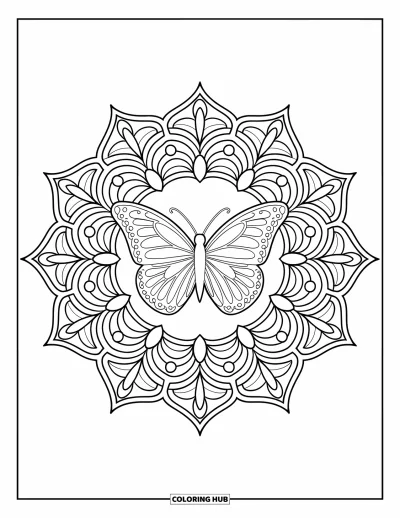 Coloriage de mandala de papillon pour adultes : Mandala de papillon entouré de filigrane en forme de feuilles et de paisley en couches