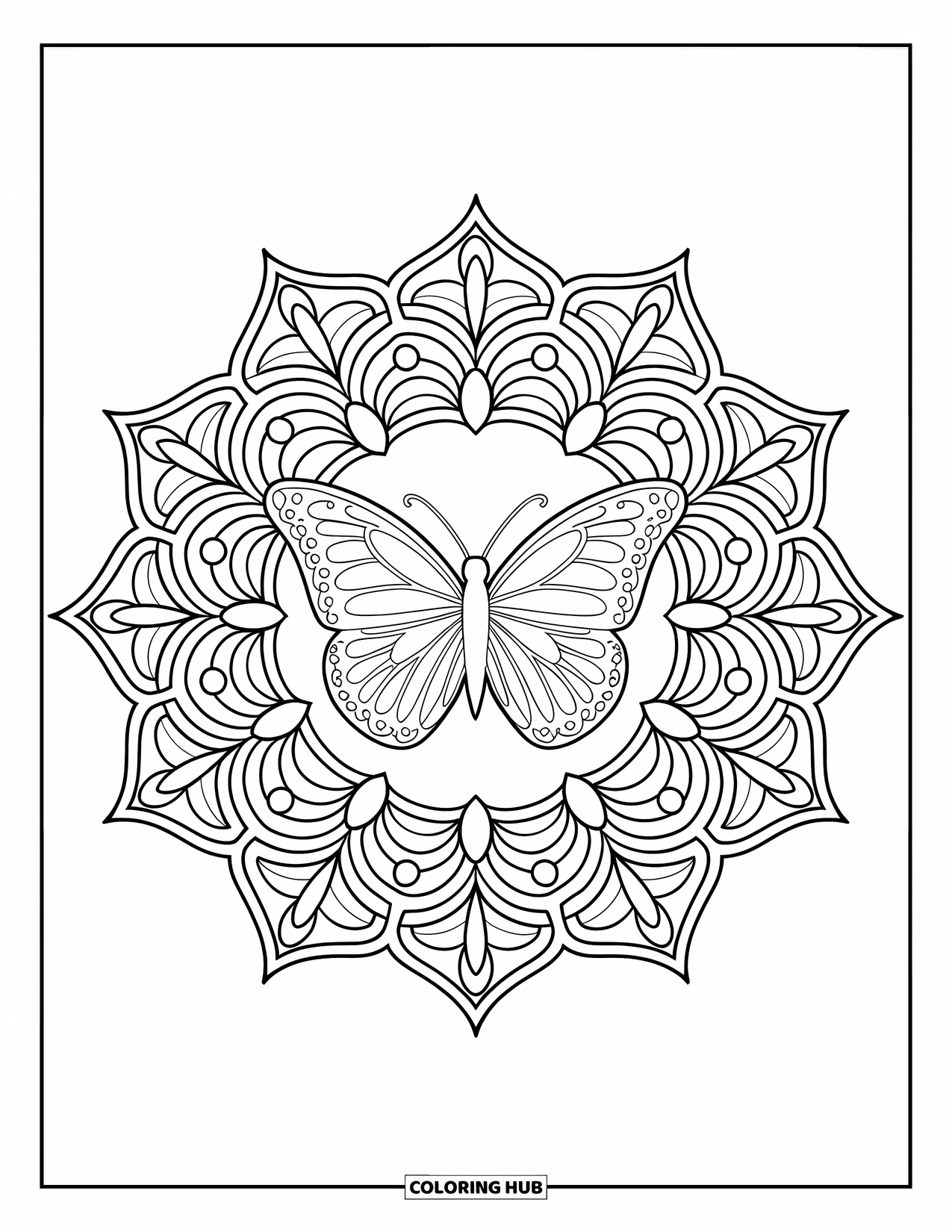 Butterfly Mandala Coloring Page for Adults: Butterfly mandala surrounded by paisley and leaf-shaped filigree mandala layers