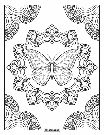 Coloriage de mandala de papillon pour adultes : Mandala de papillon avec de la dentelle baroque et des détails de fougères enroulées tout autour