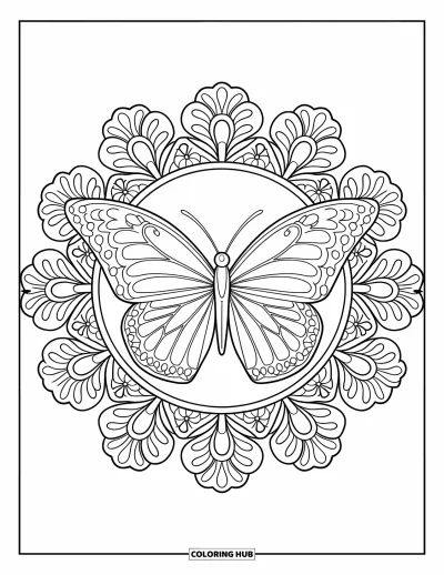 Coloriage de mandala de papillon pour adultes : Mandala de papillon avec des motifs en dentelle florale et des ailes symétriques délicates
