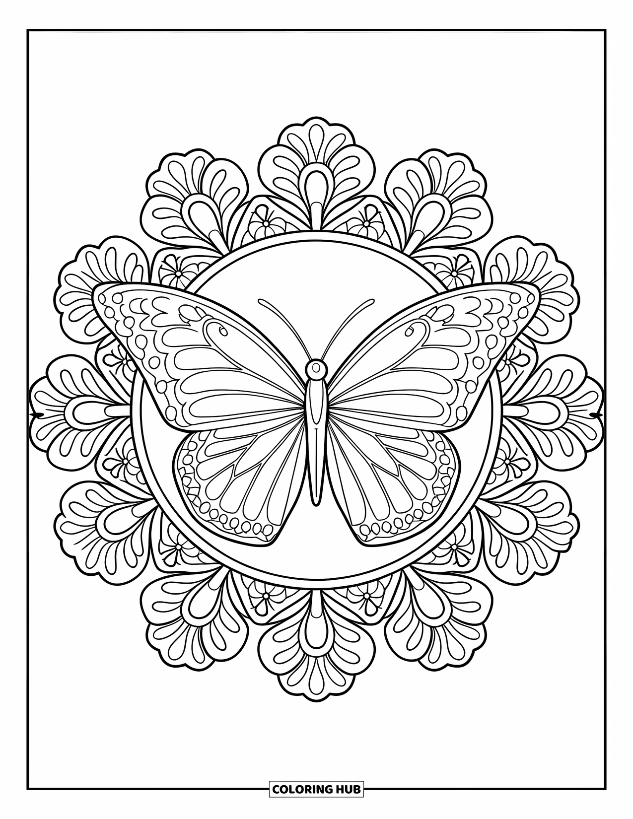 Butterfly Mandala Coloring Page for Adults: Butterfly mandala with floral lace patterns and delicate symmetrical wings