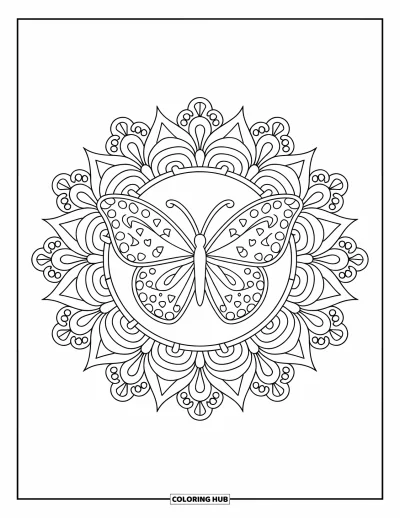 Coloriage de mandala de papillon pour adultes : Mandala de papillon avec des étoiles, des boucles et des motifs floraux en lignes audacieuses