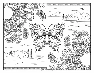Coloriage de mandala de papillon pour adultes : Mandala de papillon avec des motifs tourbillonnants, des montagnes, des arbres et de l'eau dans la scène
