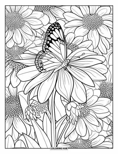 Coloriage de mandala de papillon pour adultes : Papillon sur un dahlia en fleur dans un motif de fleurs répétées tout autour