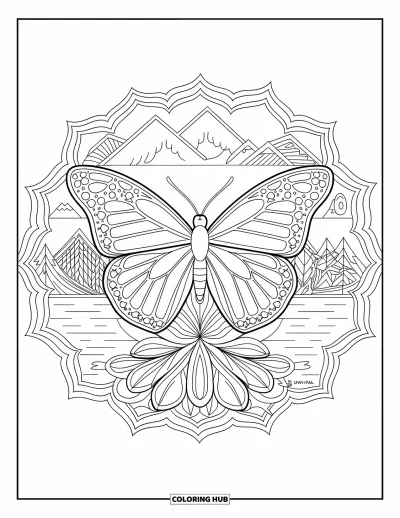 Coloriage de mandala de papillon pour adultes : Papillon sur une fleur dans un paysage paisible de montagnes et de lac