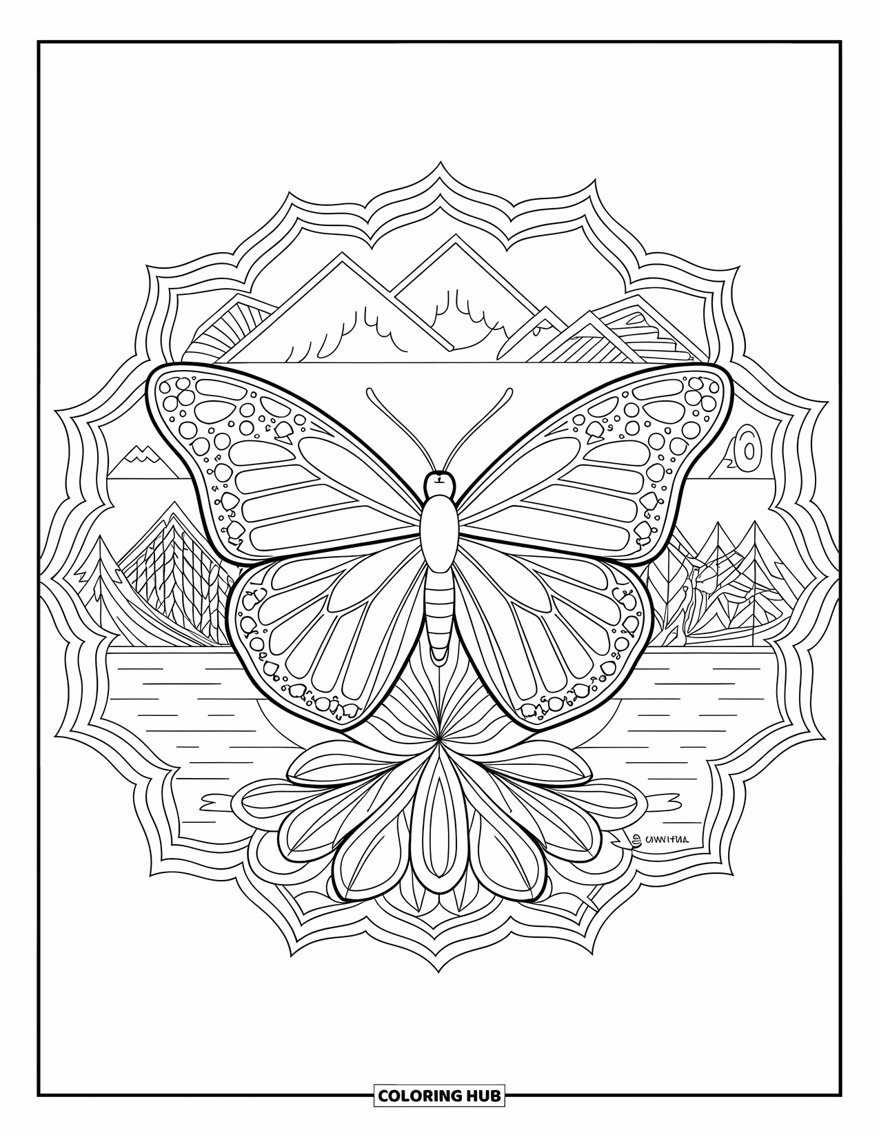 Butterfly Mandala Coloring Page for Adults: Butterfly on a flower with a peaceful mountain and lake landscape
