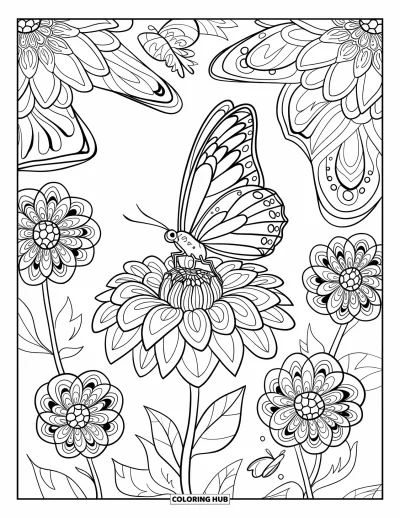 Coloriage de mandala de papillon pour adultes : Papillon posé sur un dahlia entouré de fleurs et d'ailes supplémentaires