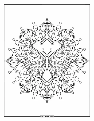 Coloriage de mandala de papillon pour adultes : Papillon entouré d'un mandala complet de pétales, de lianes et de motifs tourbillonnants