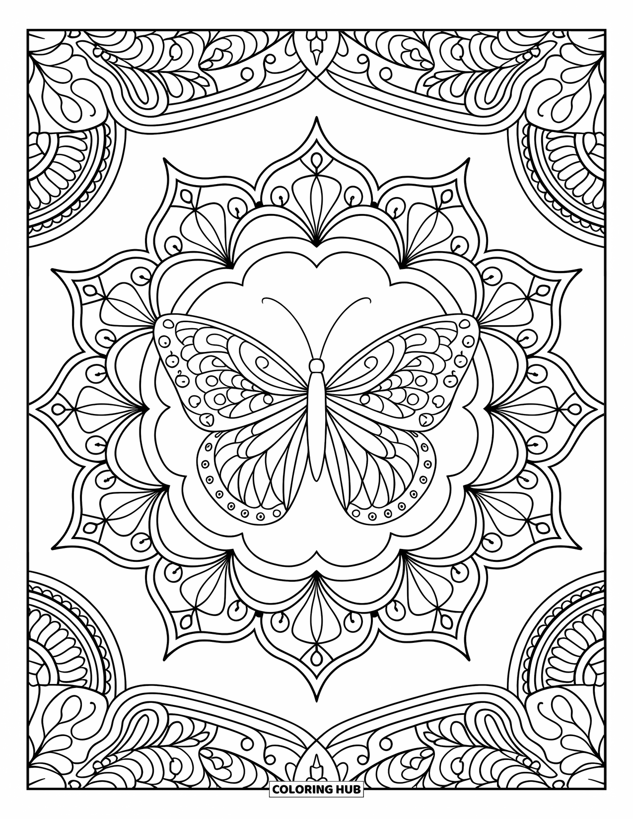 Butterfly Mandala Coloring Page for Adults: Butterfly surrounded by detailed filigree patterns with paisley and leaf shapes