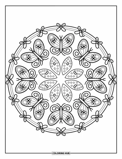 Coloriage de mandala de papillon pour adultes : Mandala de papillons scintillant avec des cœurs, des motifs floraux et des feuilles joyeuses