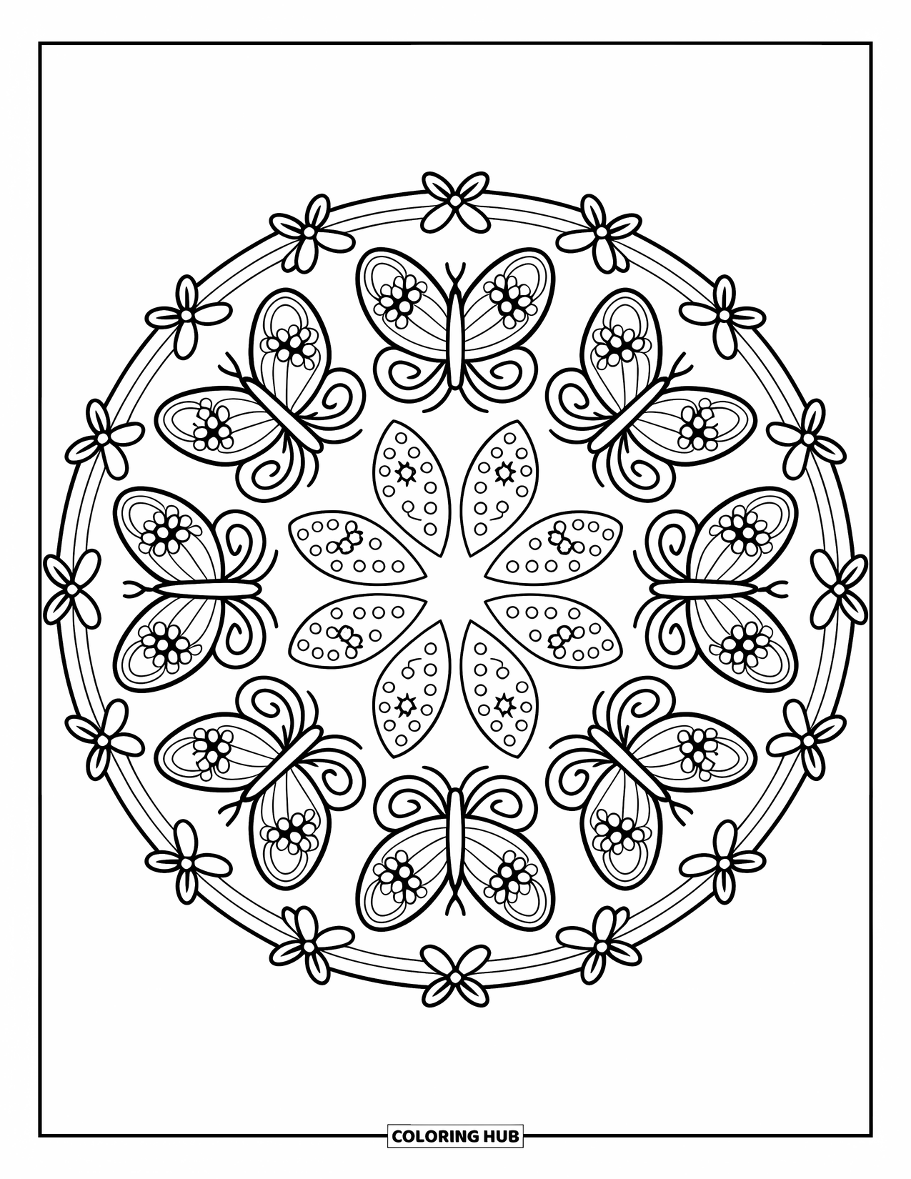 Butterfly Mandala Coloring Page for Adults: Butterfly wheel sparkles with hearts, florals, and playful leaf patterns