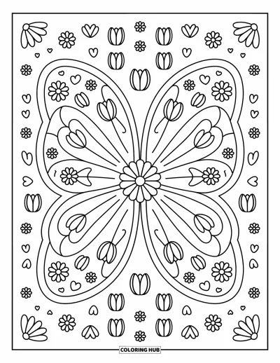 Coloriage de mandala de papillon pour adultes : Les ailes du papillon s'épanouissent autour d'une fleur centrale dans un mandala garni de tulipes